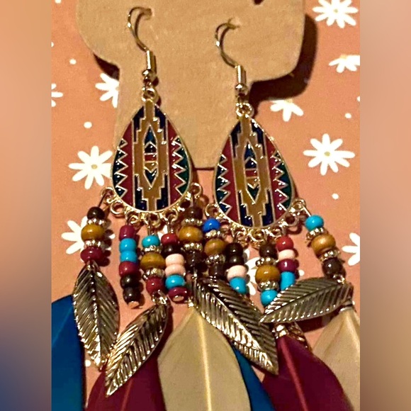 Jewel-Toned Feather Dangle Earrings - Picture 2 of 3